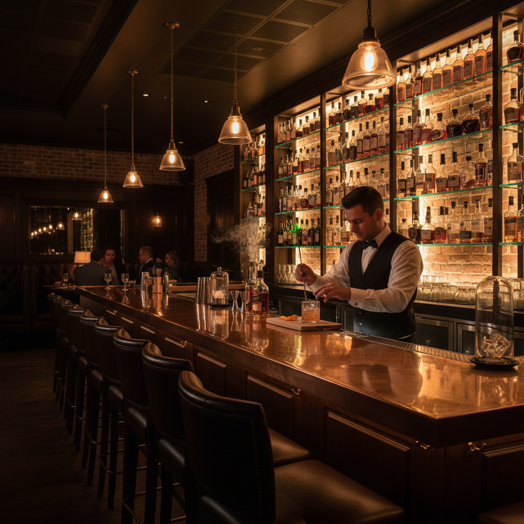Upscale steakhouse cocktail bar with leather stools and backlit whiskey bottles