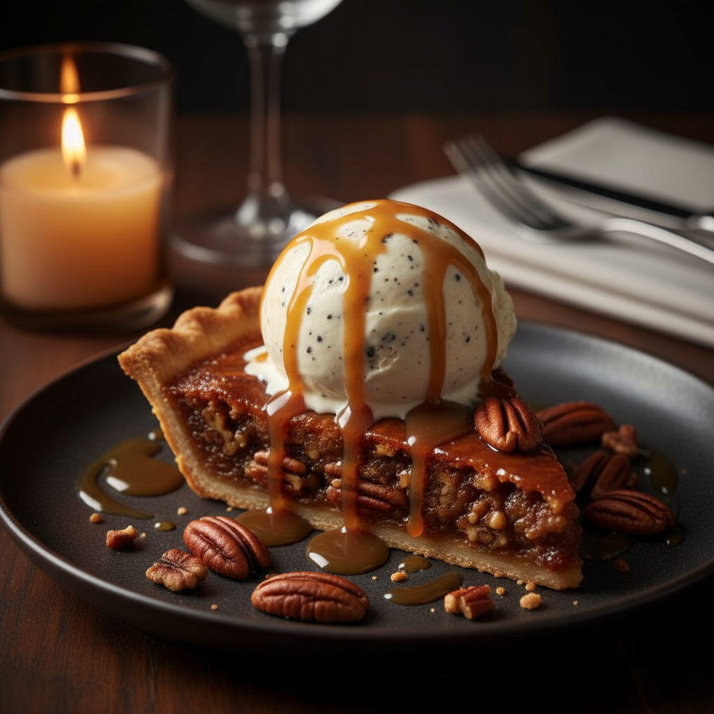 Bourbon pecan pie with vanilla ice cream