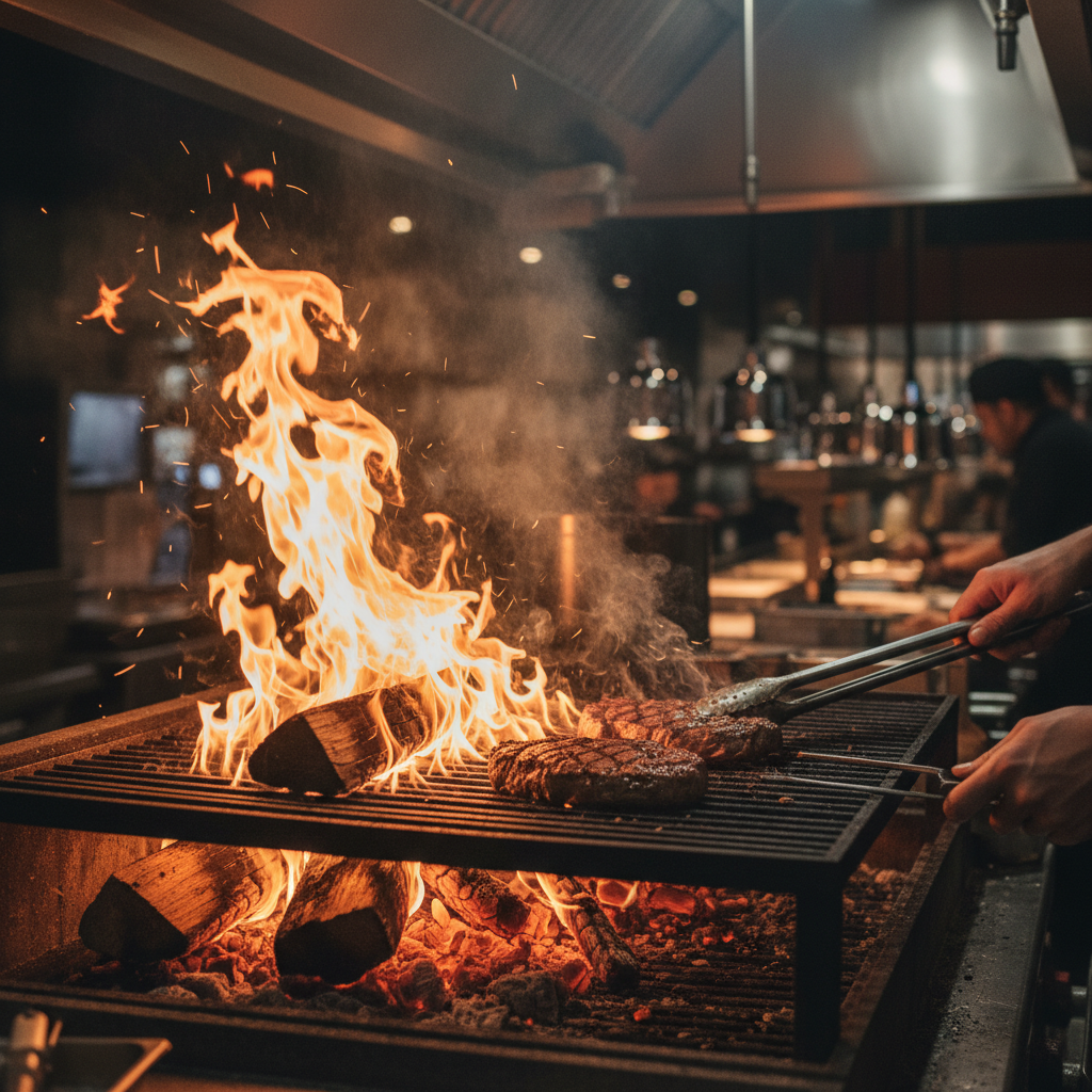 Wood-fired grill with flames and steaks searing on cast iron grates