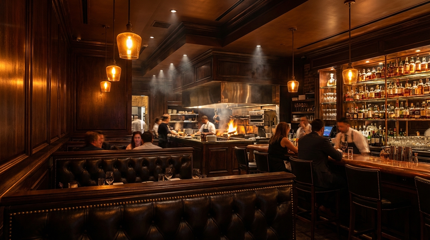 Ember & Oak steakhouse interior with dark wood paneling, leather booths, and warm amber lighting