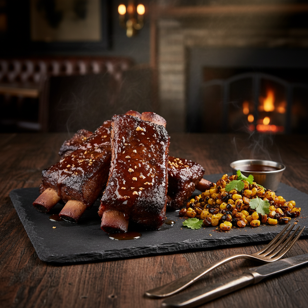 Slow-smoked beef short ribs with bourbon glaze