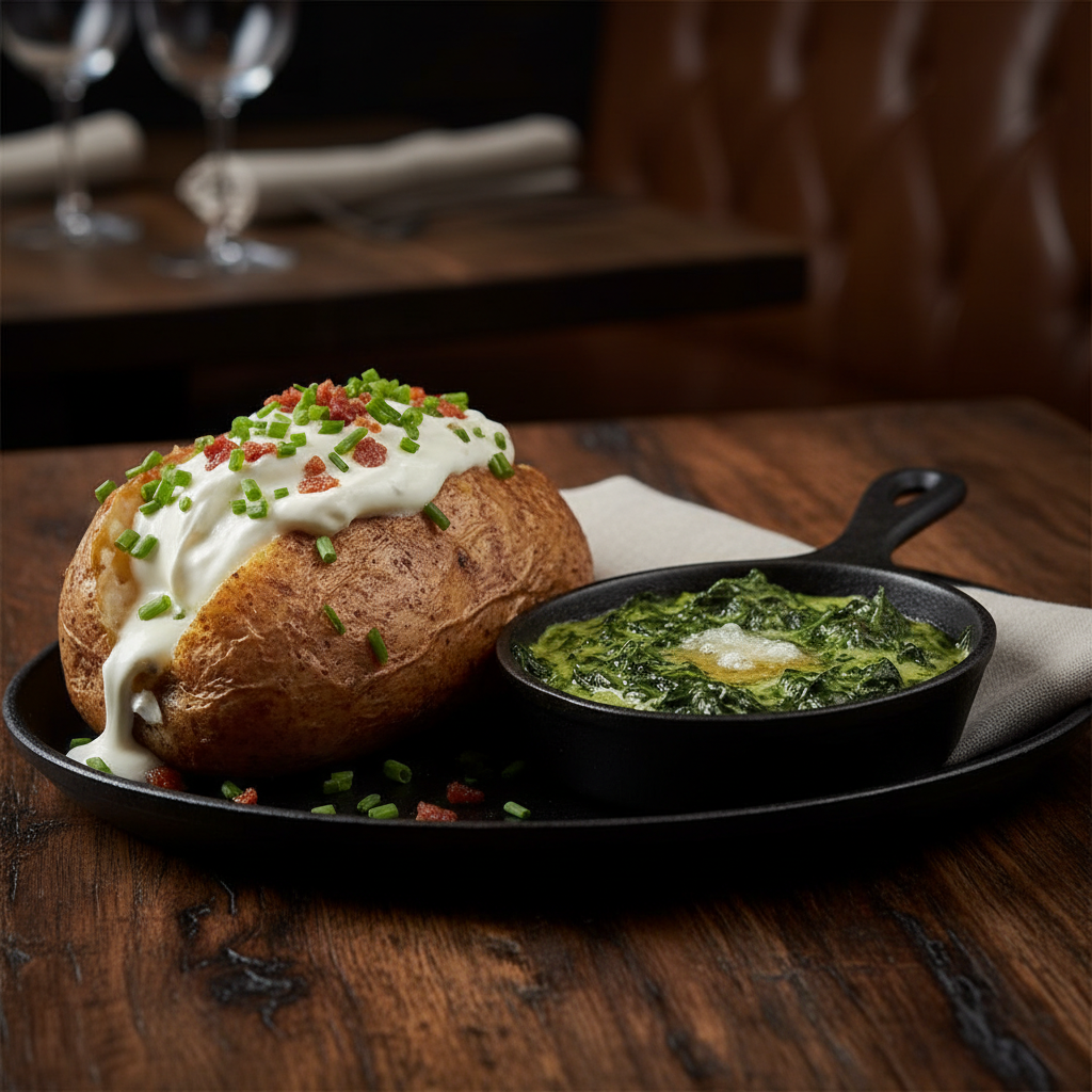 Loaded baked potato and creamed spinach, steakhouse sides
