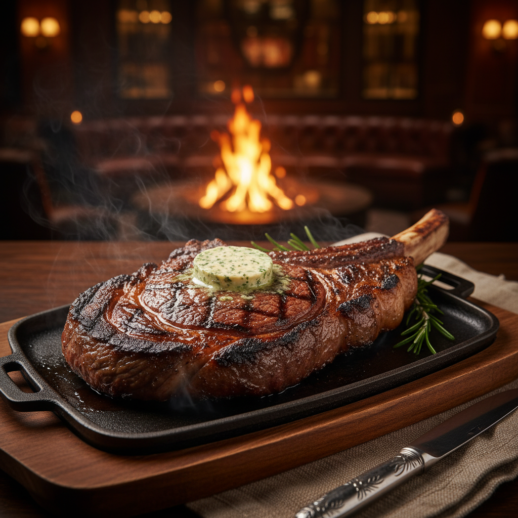 Perfectly seared tomahawk ribeye steak on cast iron