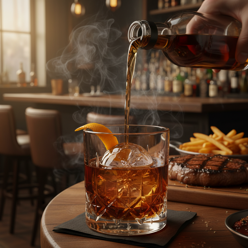 Craft old fashioned cocktail with large ice sphere and orange peel